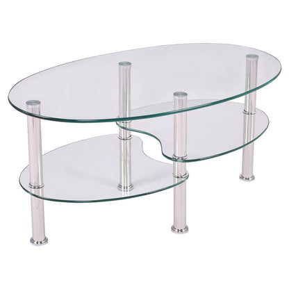 Mesa de centro ovalada moderna de cristal templado con estante inferior
