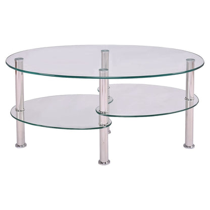 Mesa de centro ovalada moderna de cristal templado con estante inferior