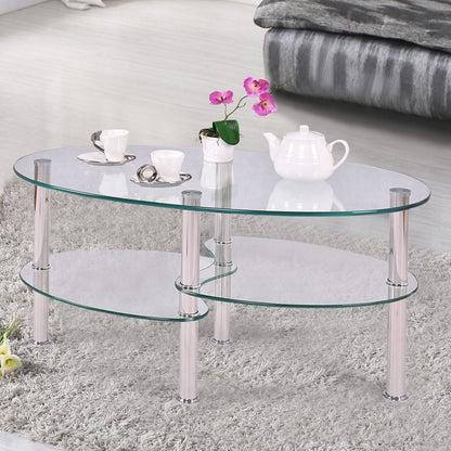 Mesa de centro ovalada moderna de cristal templado con estante inferior