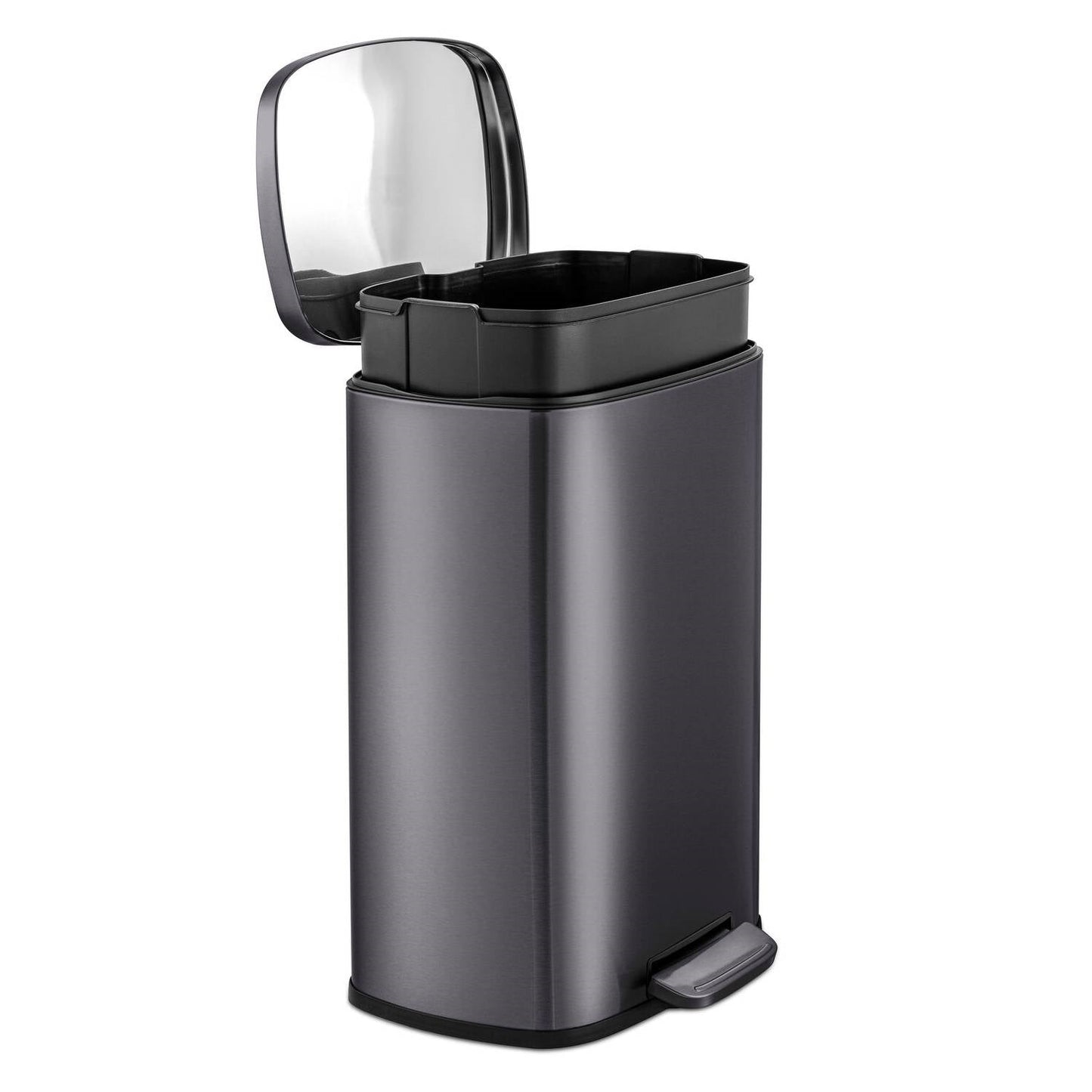 Cubo de basura de cocina de acero inoxidable negro de 13 galones con tapa de apertura a pedal