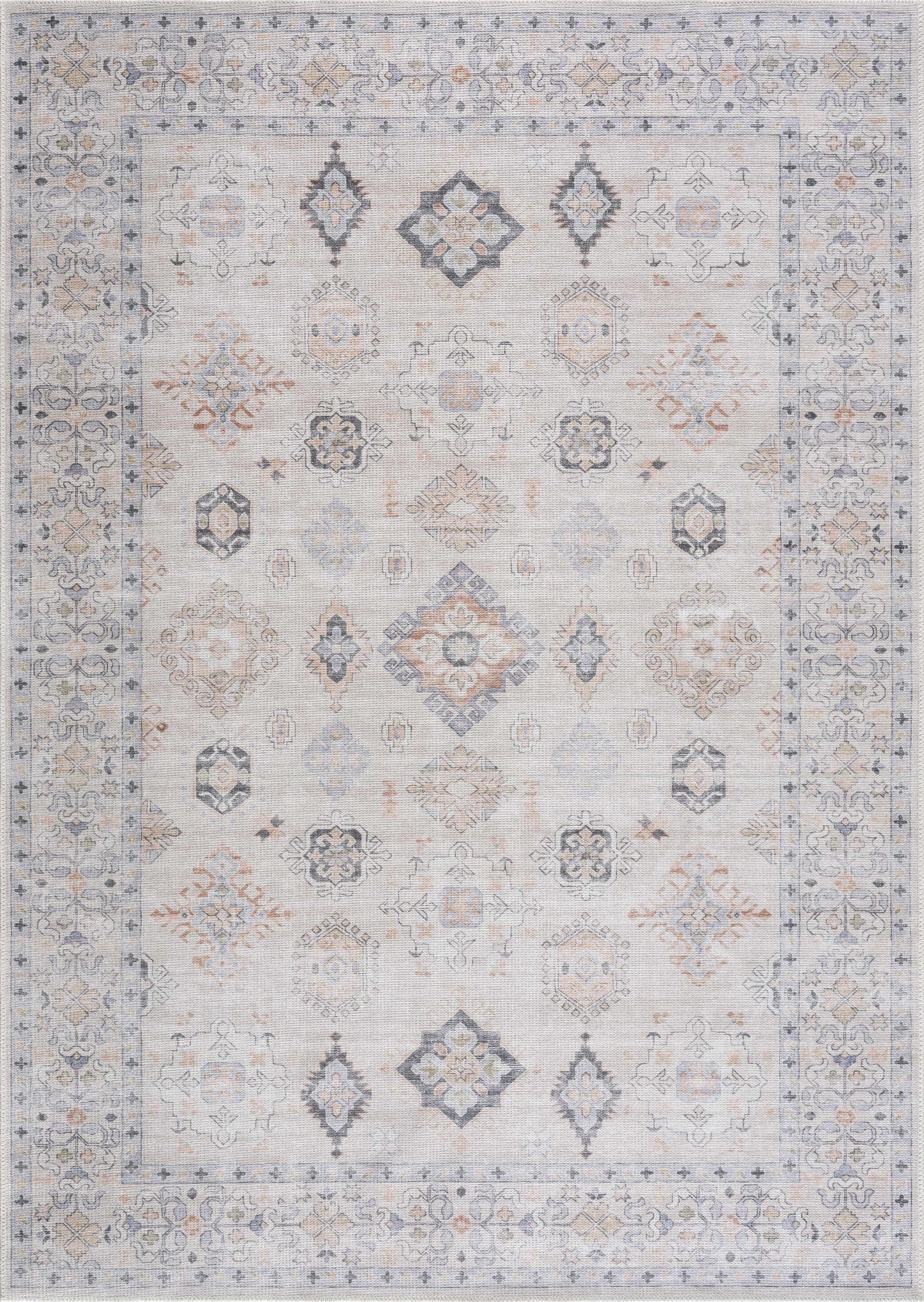 Beige Beckett washable rug by Boutique Rugs with oriental medallions and gray accents on Tampa Home & Garden Store