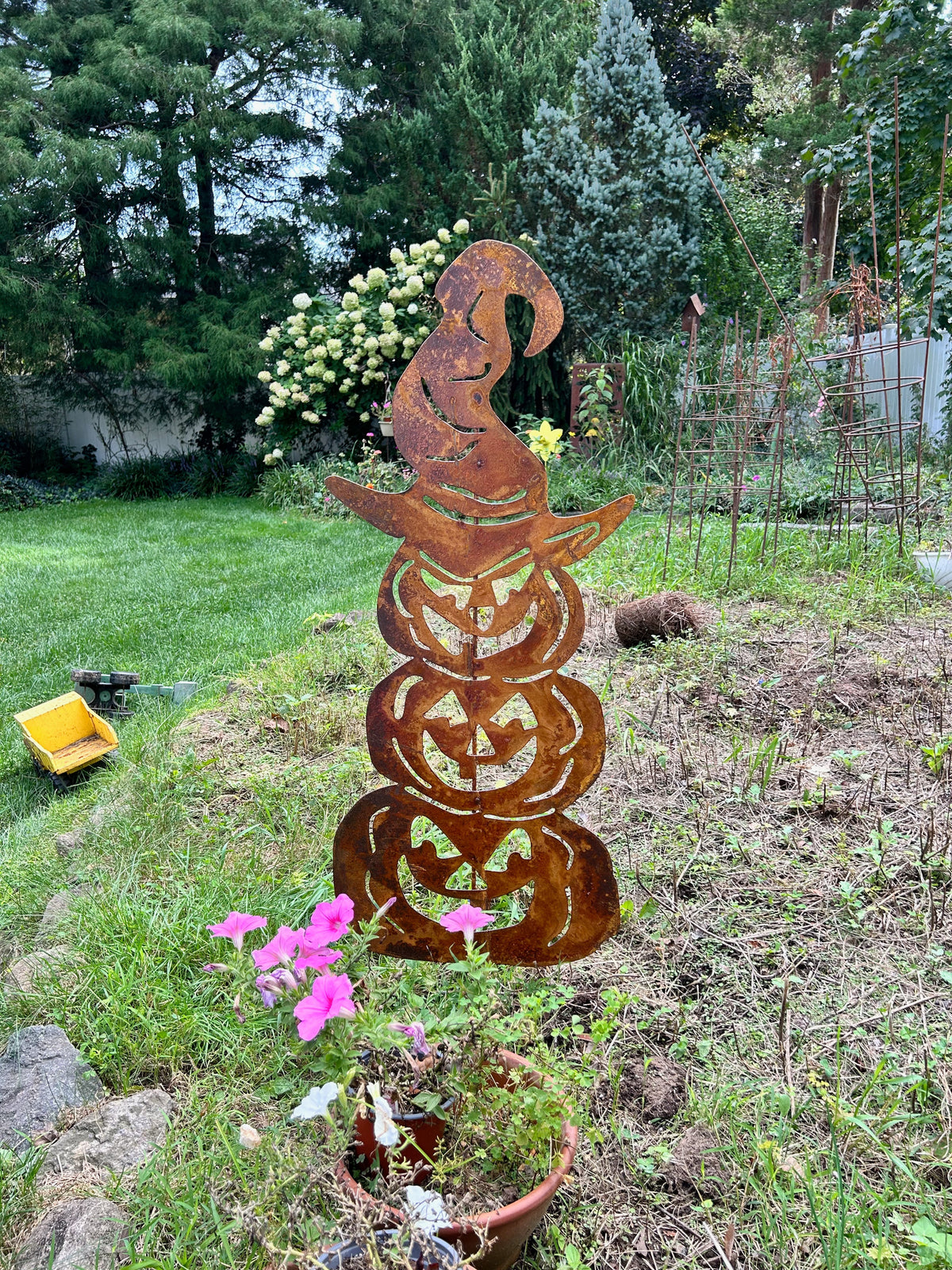 Three Stacked Pumpkins outdoor Halloween sculpture rusted metal by Rustica Ornamentals for decor on Tampa Home & Garden Store