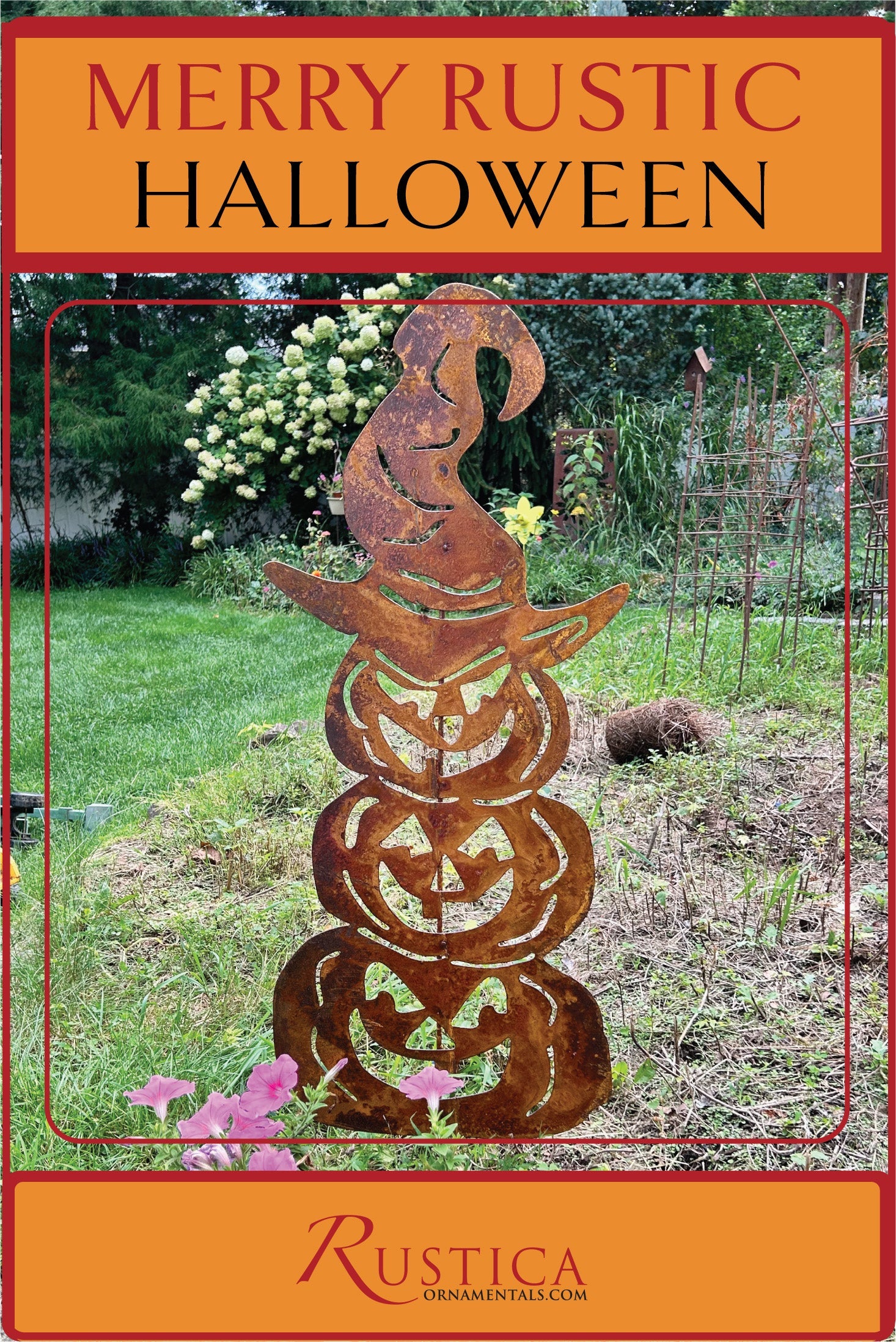 Three Stacked Pumpkins metal garden sculpture with rusted finish by Rustica Ornamentals on Tampa Home & Garden Store