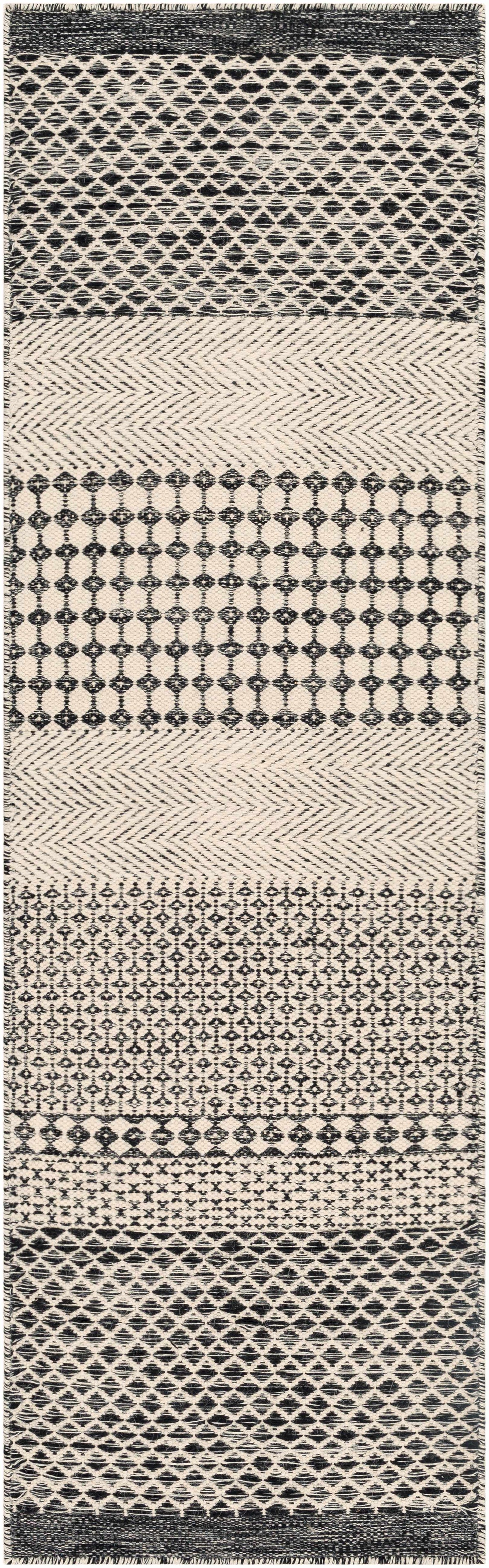 Tideswell Scandi Boho Wool Carpet Rug runner in black ivory with chevron motifs Boutique Rugs on Tampa Home & Garden Store