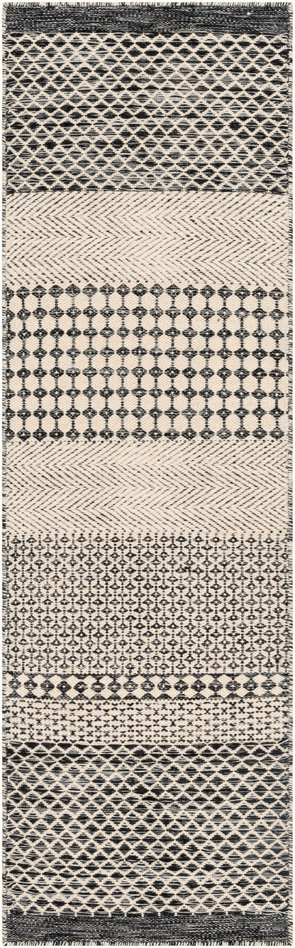 Tideswell Scandi Boho Wool Carpet Rug runner in black ivory with chevron motifs Boutique Rugs on Tampa Home & Garden Store