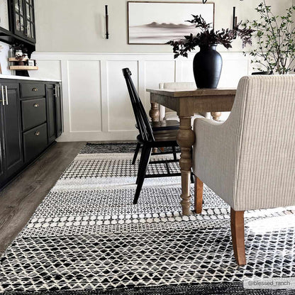 Tideswell Scandi Boho Wool Carpet rug by Boutique Rugs in black white geometric weave on Tampa Home & Garden Store
