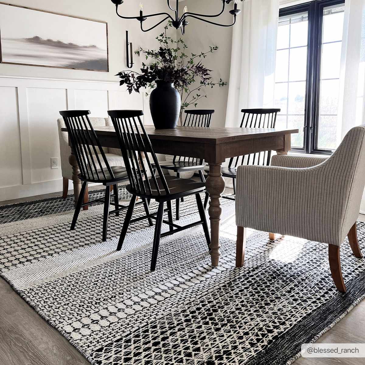 Tideswell Scandi Boho Wool Carpet rug with black and white geometric pattern by Boutique Rugs on Tampa Home & Garden Store