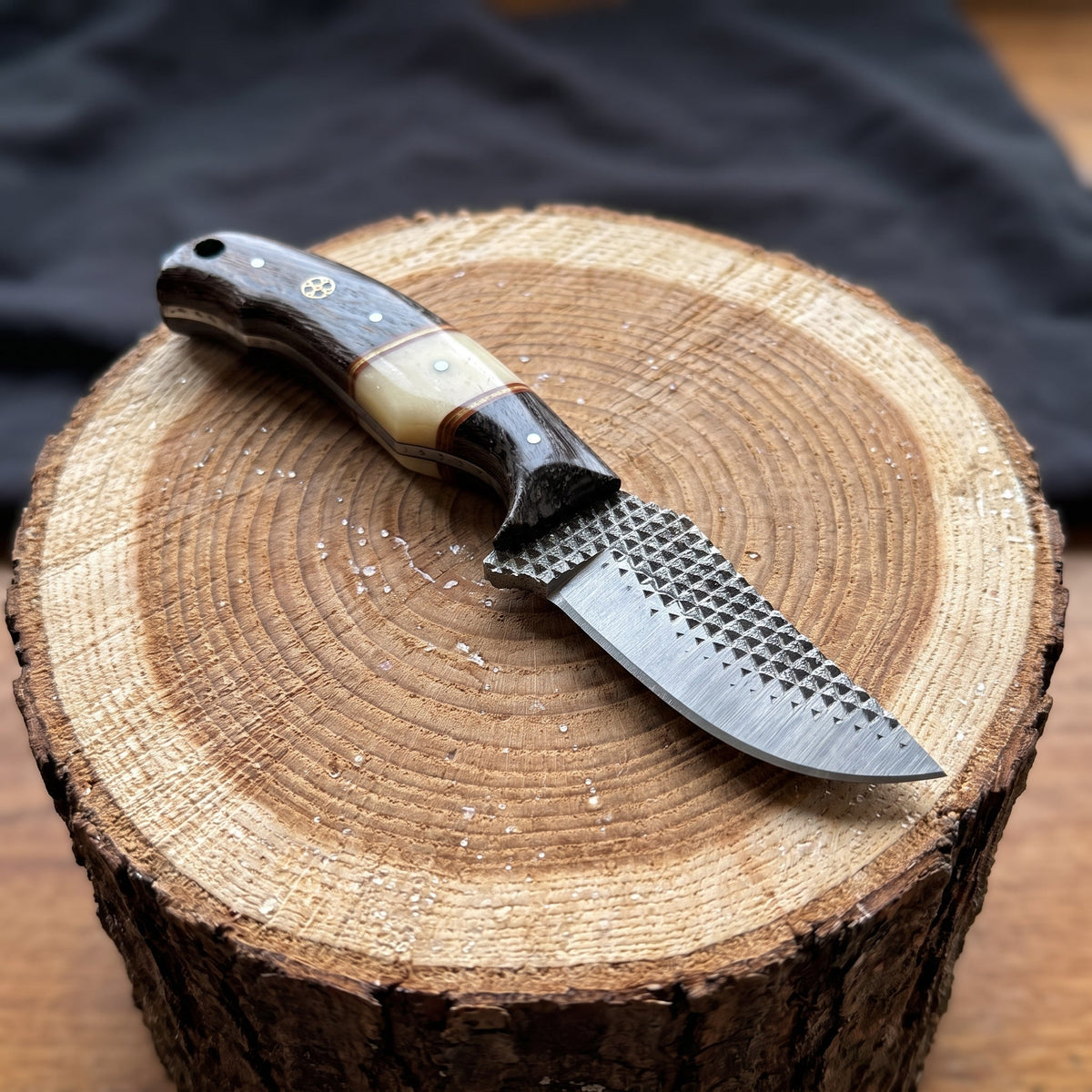 Titan Shadow Grain Skinner fixed blade with high carbon RASP steel blade and striped wood handle on Tampa Home & Garden Store