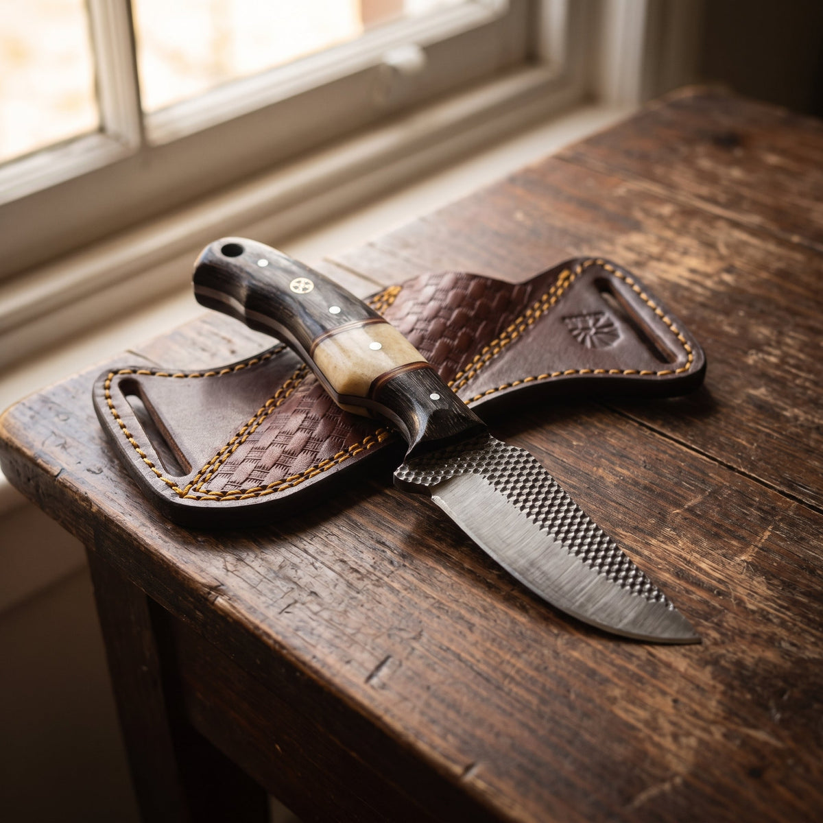Titan Shadow Grain Skinner fixed blade knife with handle and rasp steel blade leather sheath on Tampa Home & Garden Store