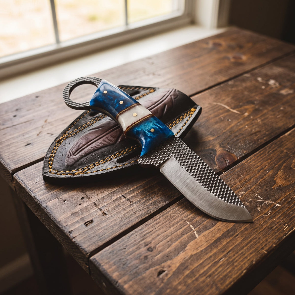Titan Sapphire Hook Hawkbill Skinner fixed blade knife with blue pearl handle on Tampa Home & Garden Store