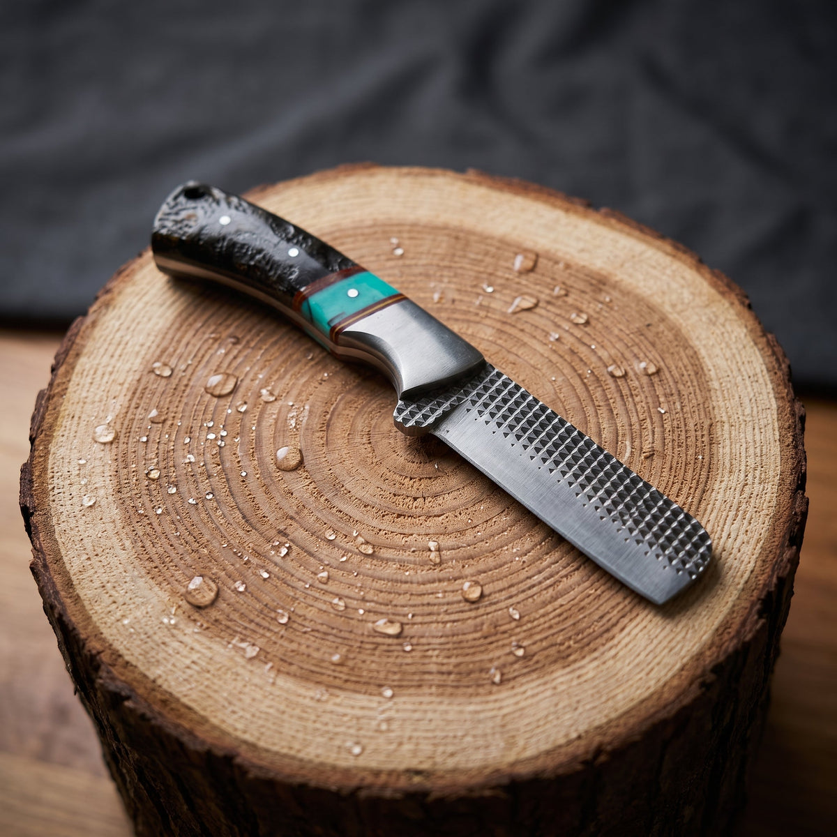 Titan Sierra Turquoise Ram Horn Skinner fixed blade with turquoise inlay and textured blade on Tampa Home & Garden Store