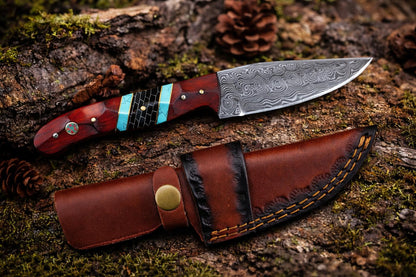 Hand-Forged Damascus Drop Point Outdoor Knife with rosewood turquoise handle leather sheath on Tampa Home & Garden Store