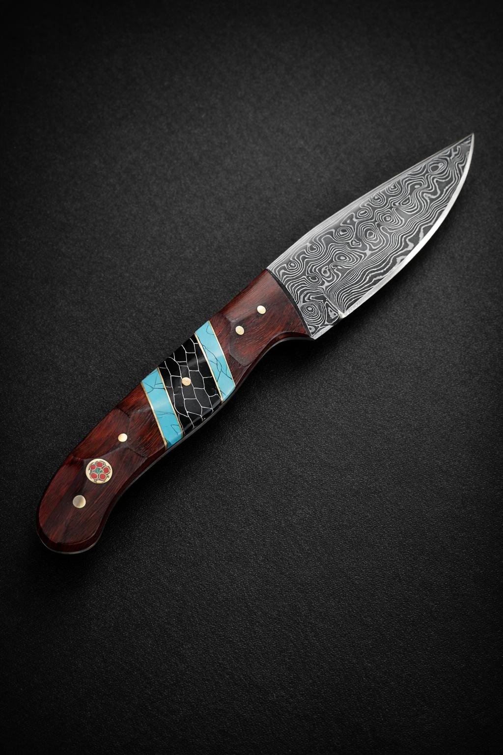 Damascus drop point outdoor knife with rosewood handle and turquoise inlay on black honeycomb on Tampa Home & Garden Store