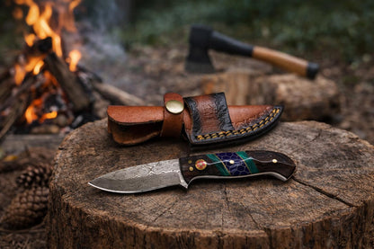 Hand-Forged Damascus Drop Point Knife with dark wood, green resin, purple honeycomb handle on Tampa Home & Garden Store