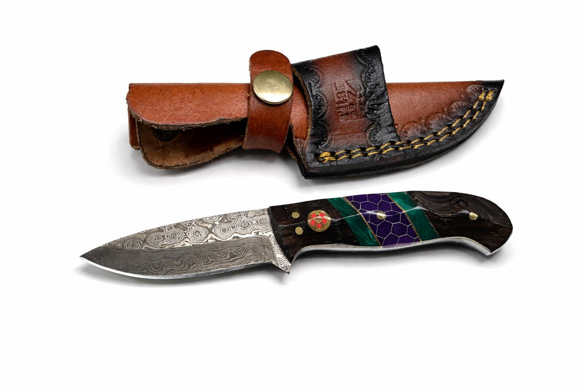 Hand-forged Damascus drop point knife TK-509 Titan Intl K; honeycomb handle with leather sheath on Tampa Home & Garden Store