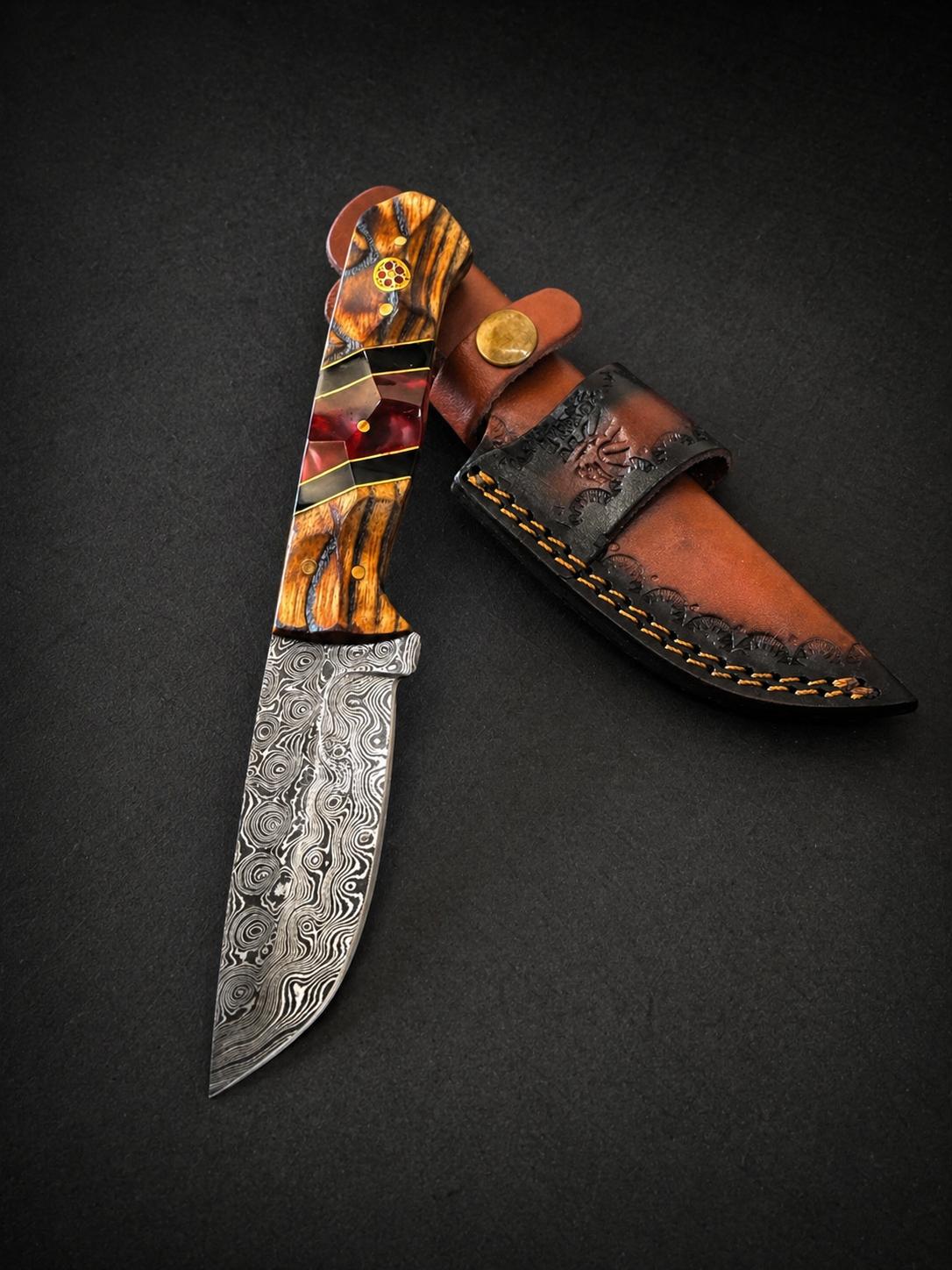 Hand-Forged Damascus Drop Point Knife with Bocote wood & ruby resin handle, sheath TK-512 on Tampa Home & Garden Store