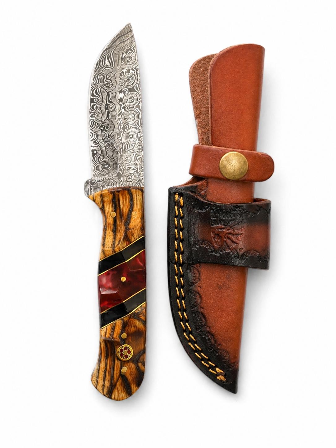 Hand-forged Damascus drop point knife with Bocote wood and ruby resin handle and leather sheath on Tampa Home & Garden Store