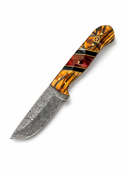 Hand-forged Damascus steel drop point knife with bocote wood and ruby red resin handle hunting knife on Tampa Home & Garden Store
