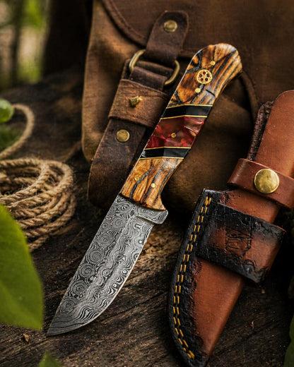 Hand-forged Damascus drop point knife with bocote wood and ruby red resin handle, leather sheath Titan on Tampa Home & Garden Store