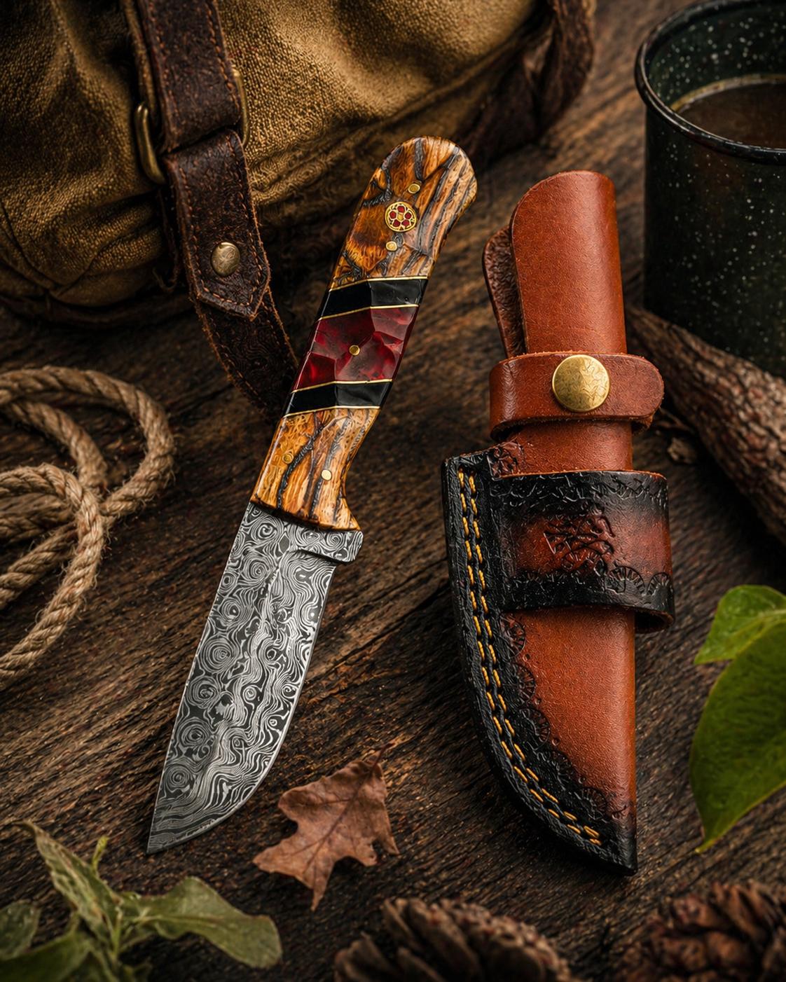 Hand-Forged Damascus Drop Point Knife with Bocote Wood & Ruby Resin handle TK-512 by Titan K on Tampa Home & Garden Store