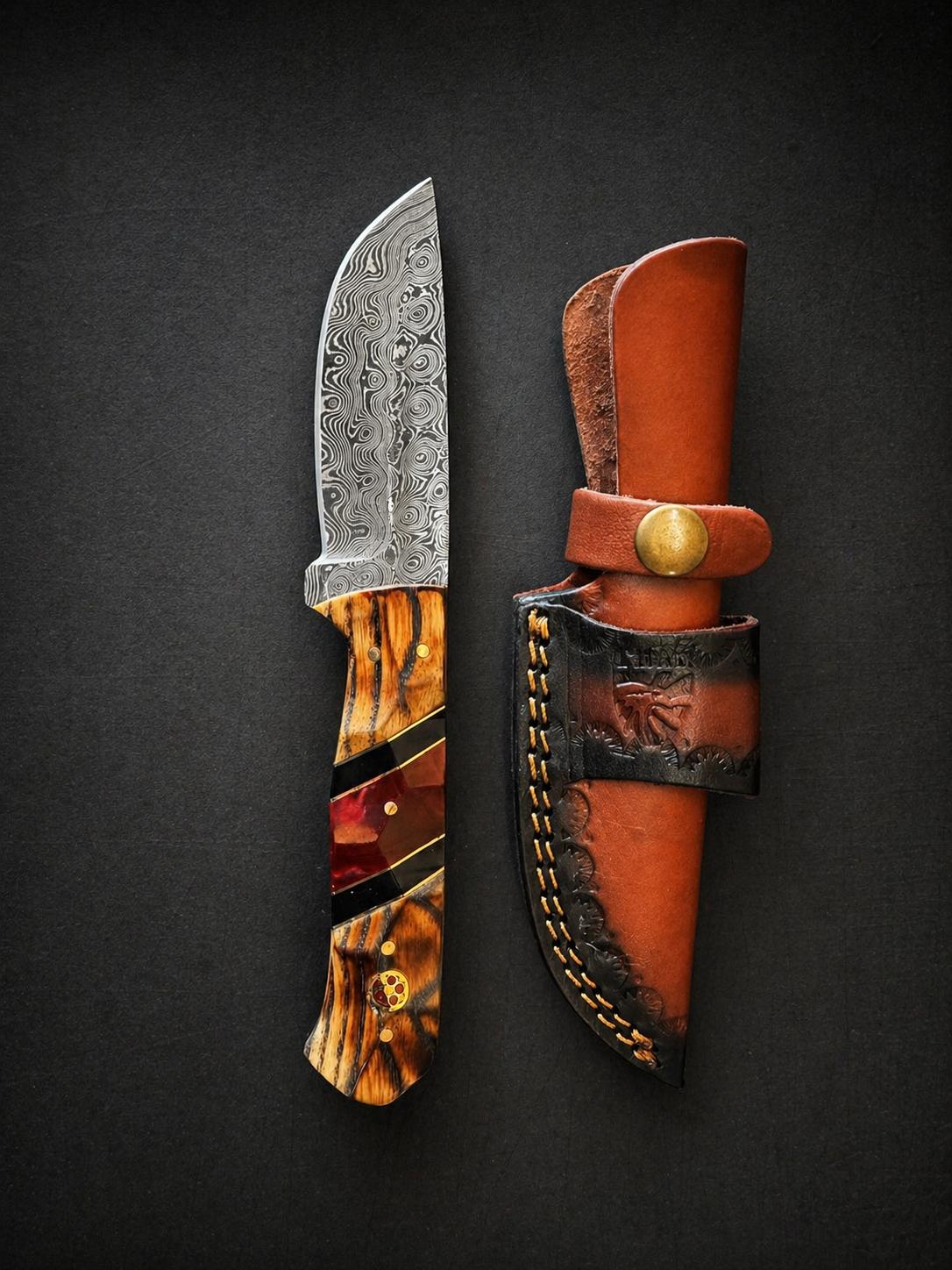 Damascus steel drop point knife with Bocote wood ruby resin handle and leather sheath TK-512 on Tampa Home & Garden Store