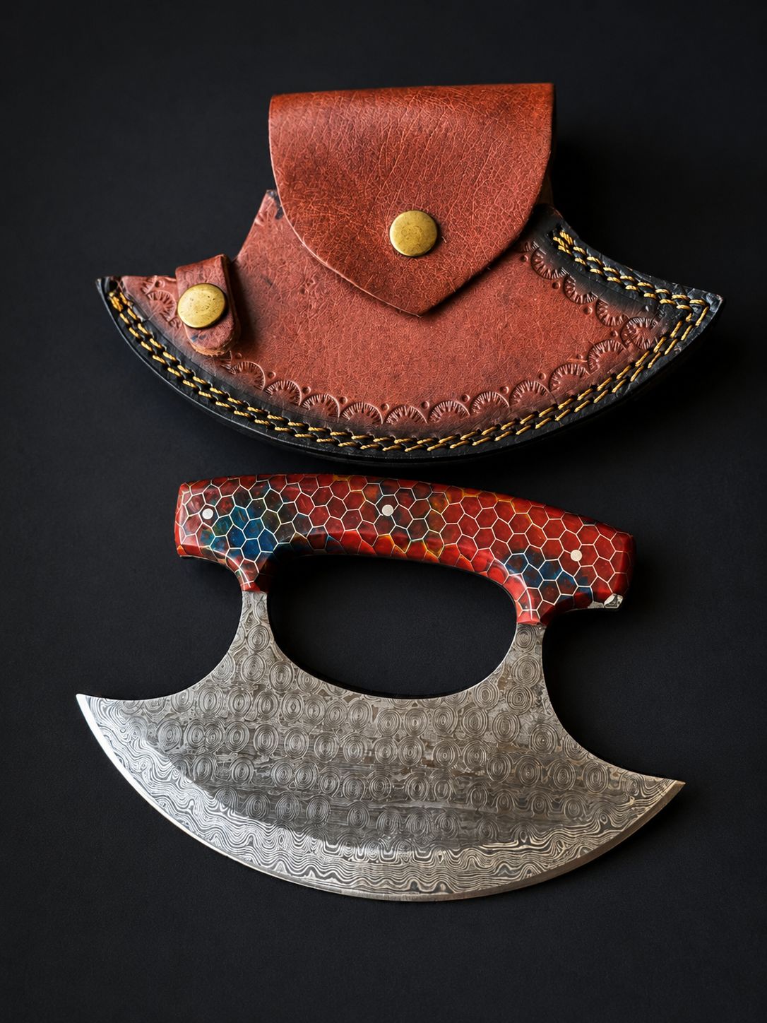 Titan Ruby Hive Damascus Ulu Knife with ruby cobalt honeycomb resin handle and crescent sheath on Tampa Home & Garden Store