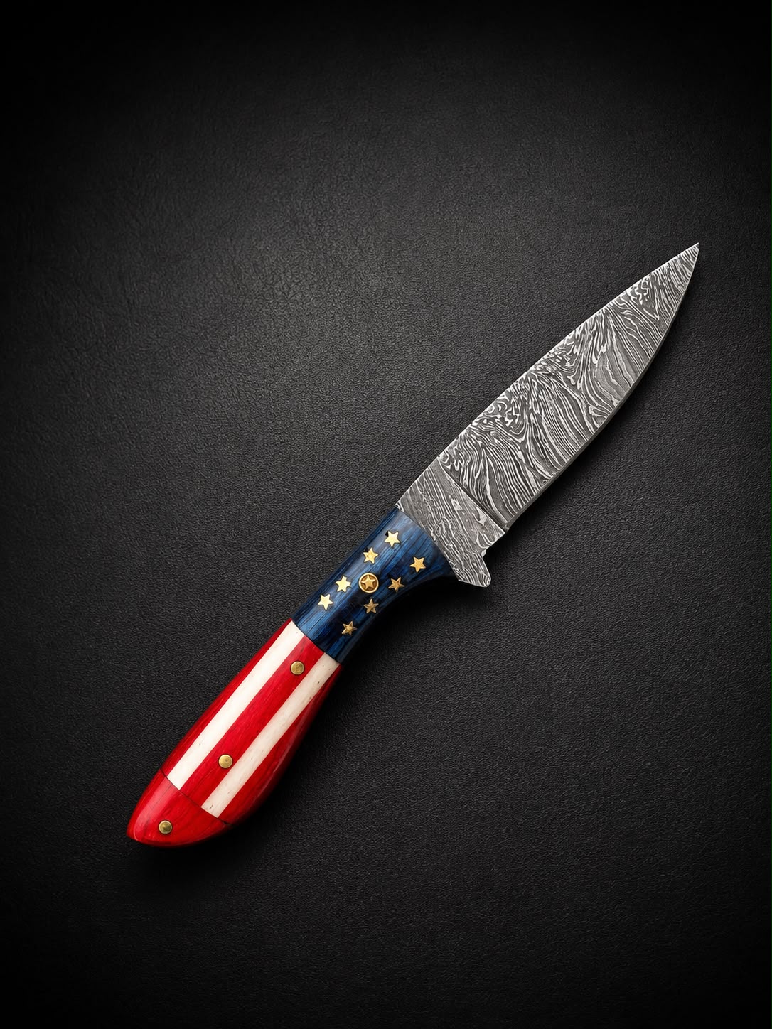 Premium Damascus fixed blade knife with blue handle featuring gold stars and red stripes on Tampa Home & Garden Store