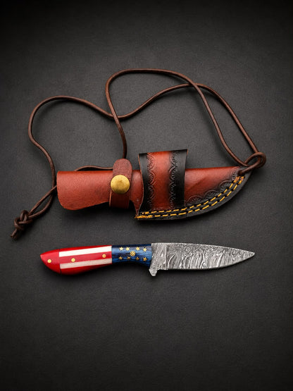Damascus fixed blade knife Patriotic Edition with American flag handle and leather sheath on Tampa Home & Garden Store