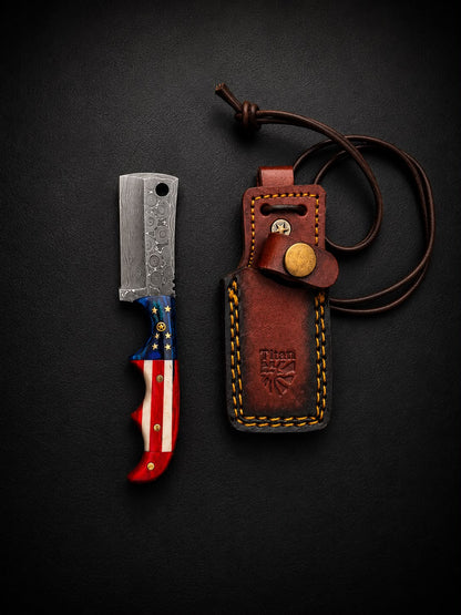 Damascus steel fixed-blade cleaver with patriotic flag handle and leather sheath by Titan K on Tampa Home & Garden Store