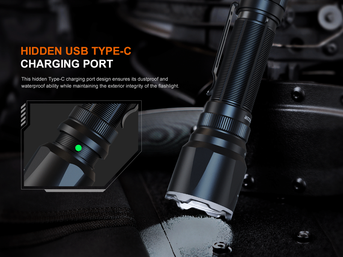 Fenix TK22R Rechargeable Tactical Flashlight with hidden USB-C charging port and green LED on Tampa Home & Garden Store