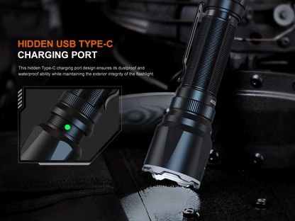 Fenix TK22R Rechargeable Tactical Flashlight with hidden USB-C charging port and green LED on Tampa Home & Garden Store