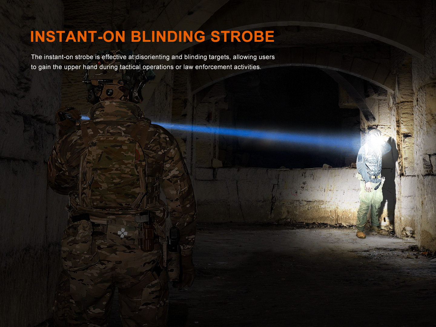 Fenix TK30R tactical flashlight beam shows blue light in dark bunker as two camo soldiers observe on Tampa Home & Garden Store