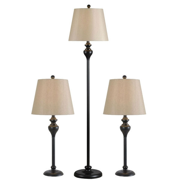 Juego de 3 piezas de lámpara de pie y lámpara de mesa de escritorio en negro con pantallas de tambor en oro claro