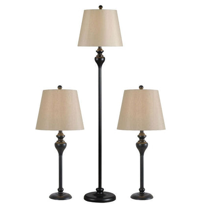 Juego de 3 piezas de lámpara de pie y lámpara de mesa de escritorio en negro con pantallas de tambor en oro claro