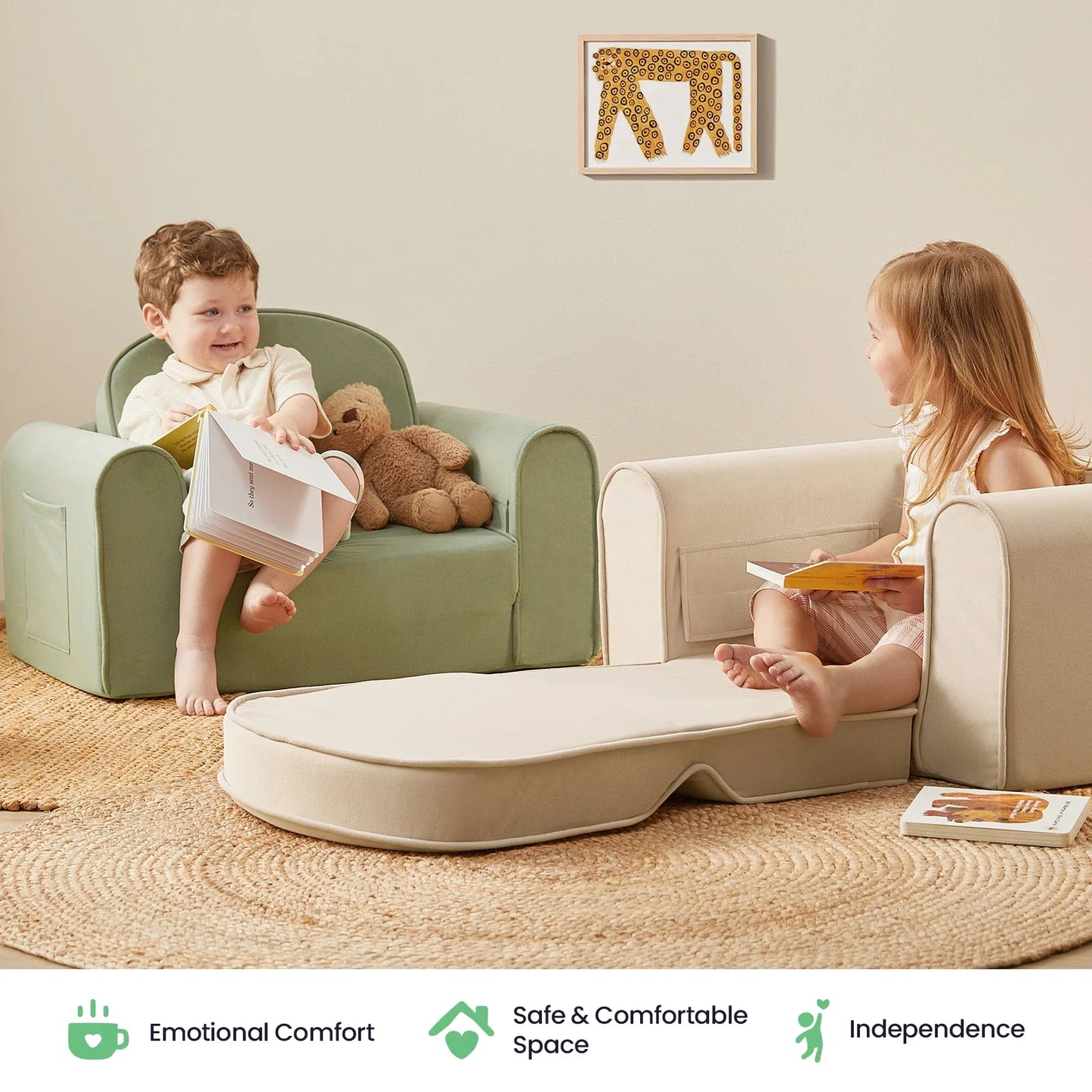Tiny Land GentleSnug Kid Chair in sage green with teddy bear and kids reading in a playroom on Tampa Home & Garden Store