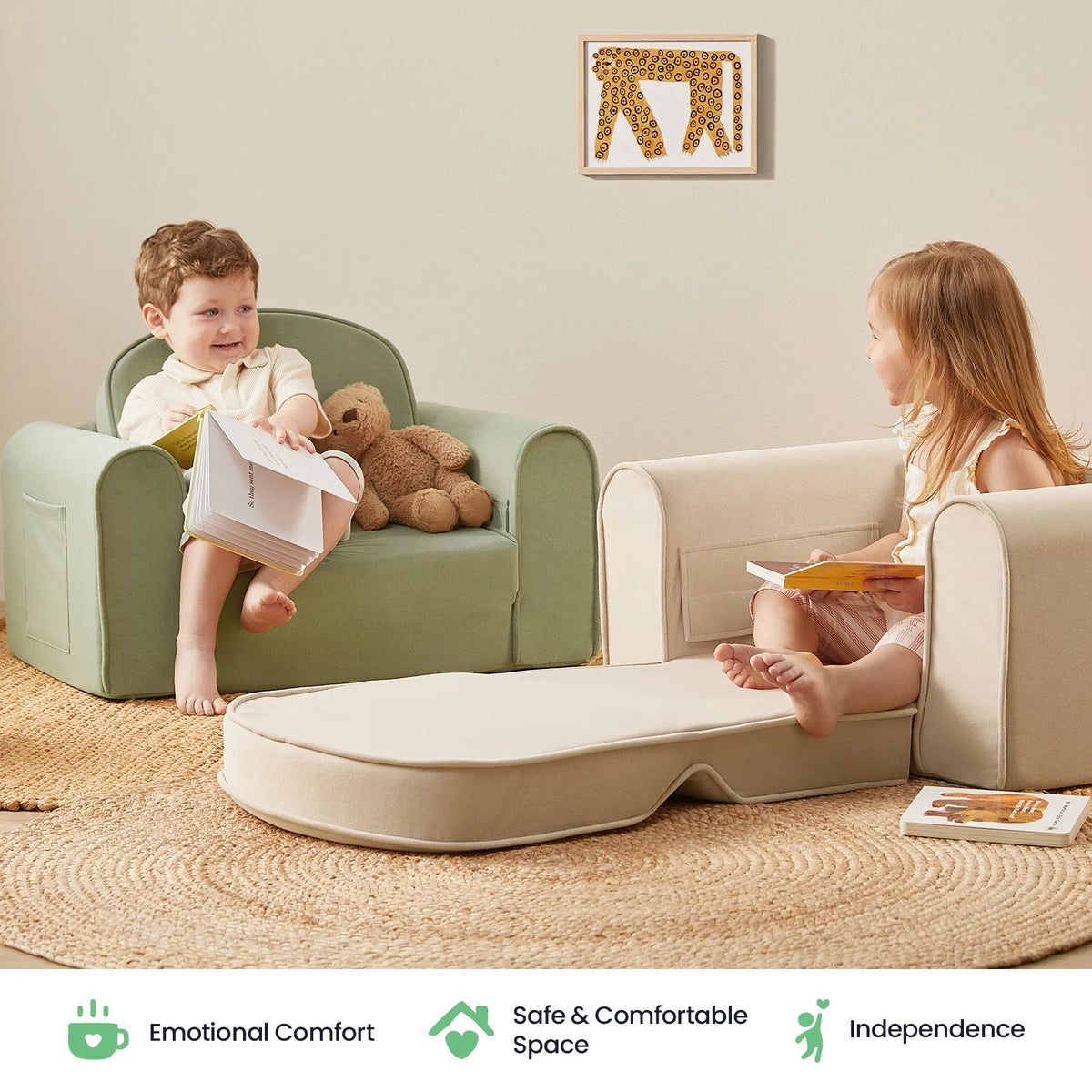 Tiny Land GentleSnug Kid Chair in sage green with teddy bear and kids reading in a playroom on Tampa Home & Garden Store