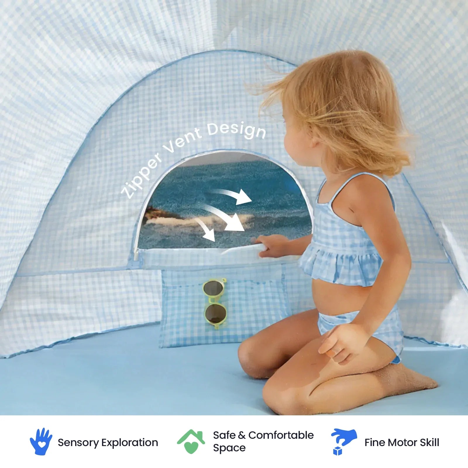 Tiny Land INC One-Stop Beach Toy & Tent Set pop-up beach tent in blue checkered fabric with a child inside on Tampa Home & Garden Store