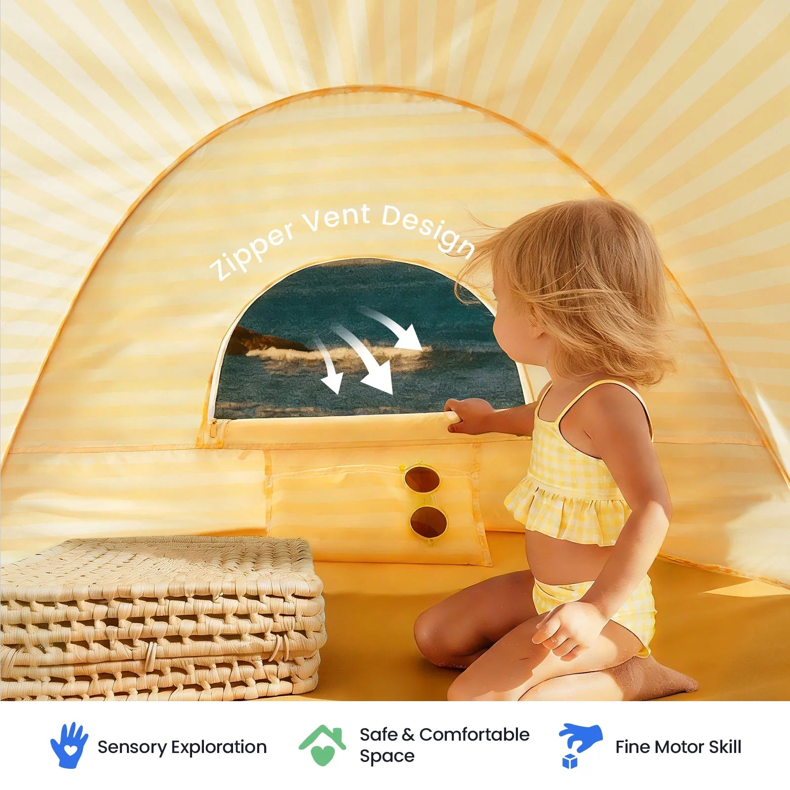 Tiny Land INC One-Stop Beach Toy & Tent Set yellow pop-up beach tent with child at doorway on Tampa Home & Garden Store