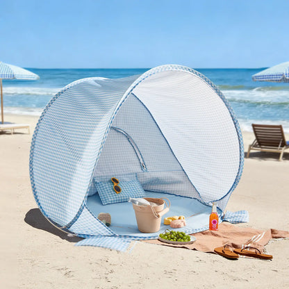 Tiny Land One-Stop Beach Toy & Tent Set blue gingham pop-up beach tent with zipper on Tampa Home & Garden Store