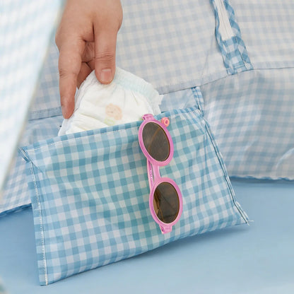 Tiny Land INC Beach Tent tote in blue gingham with pink sunglasses clip on Tampa Store on Tampa Home & Garden Store
