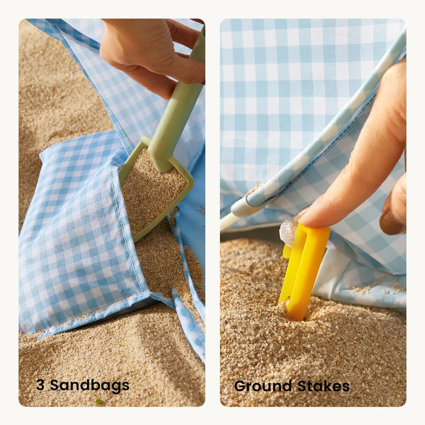 Tiny Land One-Stop Beach Toy and Tent Set blue gingham tent with 3 sandbags and stakes on Tampa Home & Garden Store