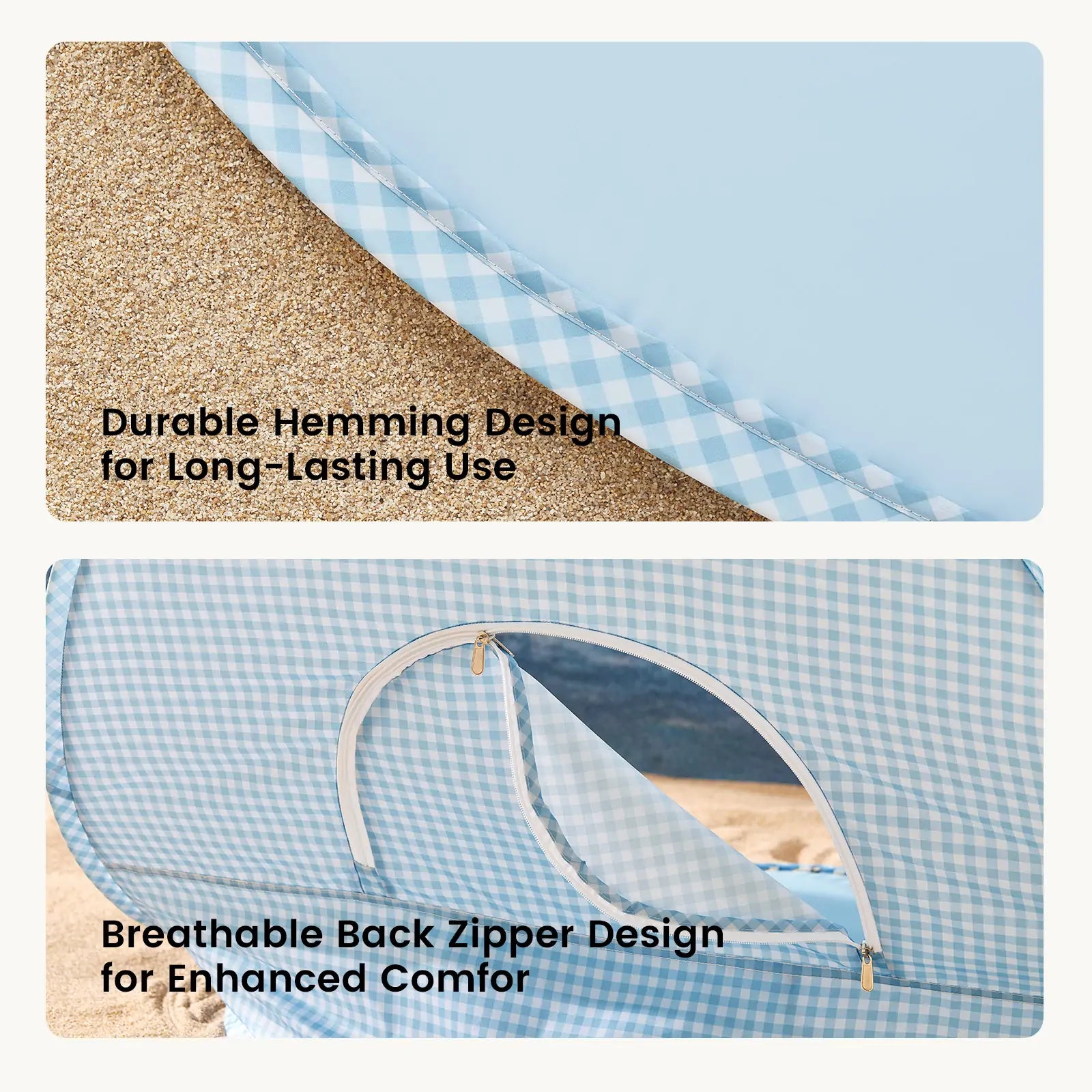 Tiny Land One-Stop Beach Tent Set blue gingham fabric with zippered entrance on sandy beach on Tampa Home & Garden Store