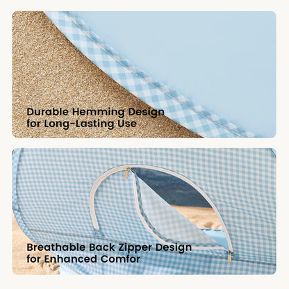 Tiny Land One-Stop Beach Tent Set blue gingham fabric with zippered entrance on sandy beach on Tampa Home & Garden Store