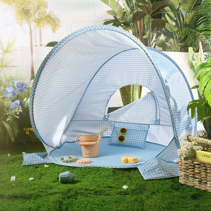 Tiny Land One-Stop Beach Toy & Tent Set blue gingham pop-up beach tent with sand molds on Tampa Home & Garden Store
