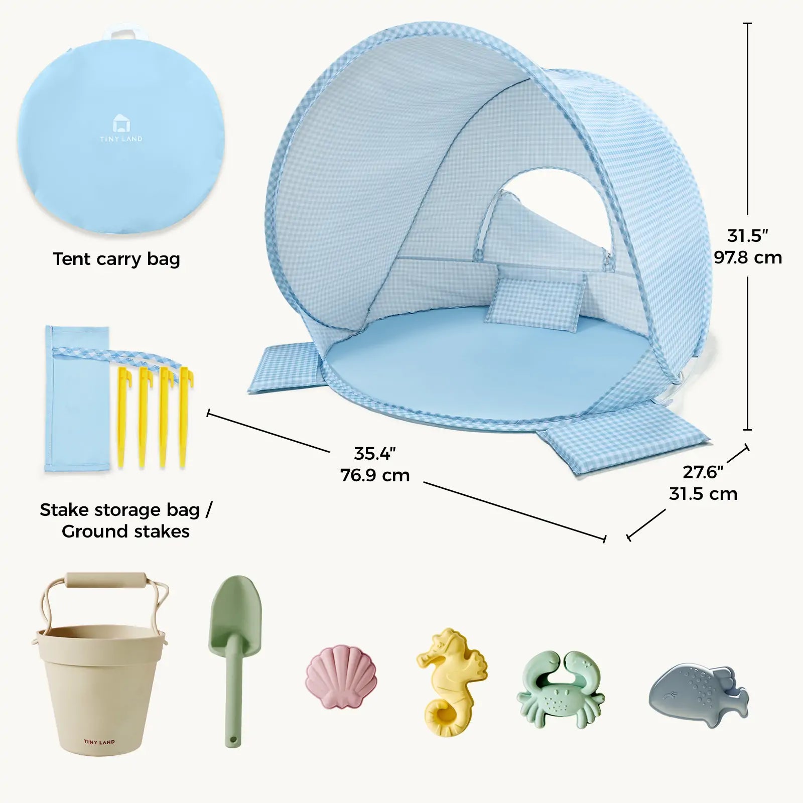 Tiny Land One-Stop Beach Toy & Tent Set blue gingham pop-up tent with carry bag and stakes on Tampa Home & Garden Store