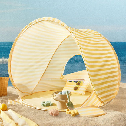 Tiny Land One-Stop Beach Toy & Tent Set yellow striped pop-up beach tent with sand toys on beach on Tampa Home & Garden Store