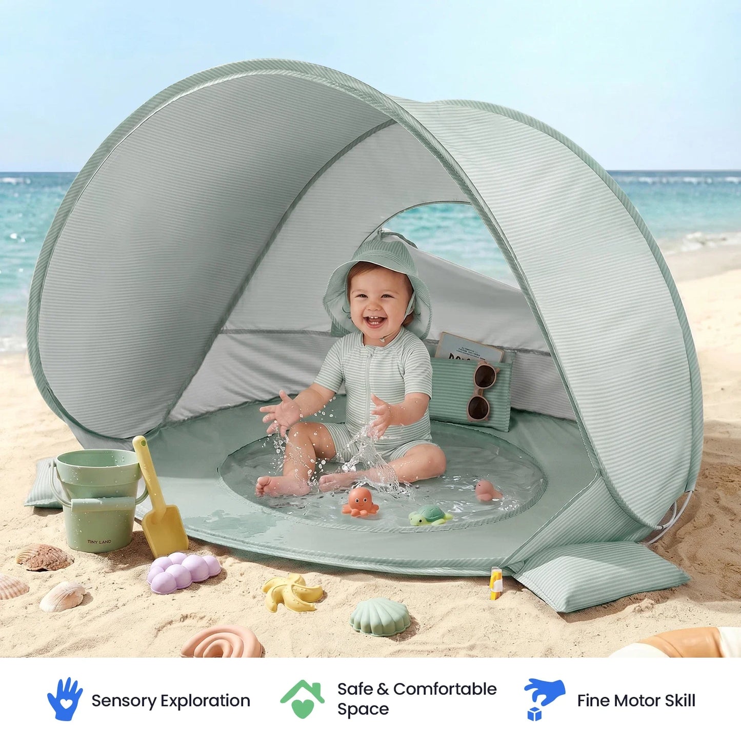 Tiny Land 3-in-1 Baby Beach Tent by Tiny Land INC, pale green striped beach tent for sand play on Tampa Home & Garden Store