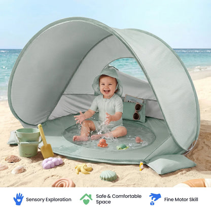 Tiny Land 3-in-1 Baby Beach Tent by Tiny Land INC, pale green striped beach tent for sand play on Tampa Home & Garden Store