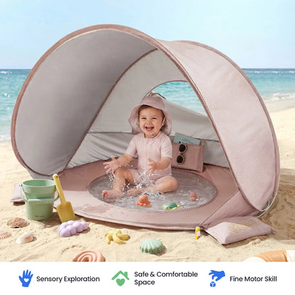 Tiny Land INC 3-in-1 Baby Beach Tent pink striped dome shelter with baby playing in sand on Tampa Home & Garden Store