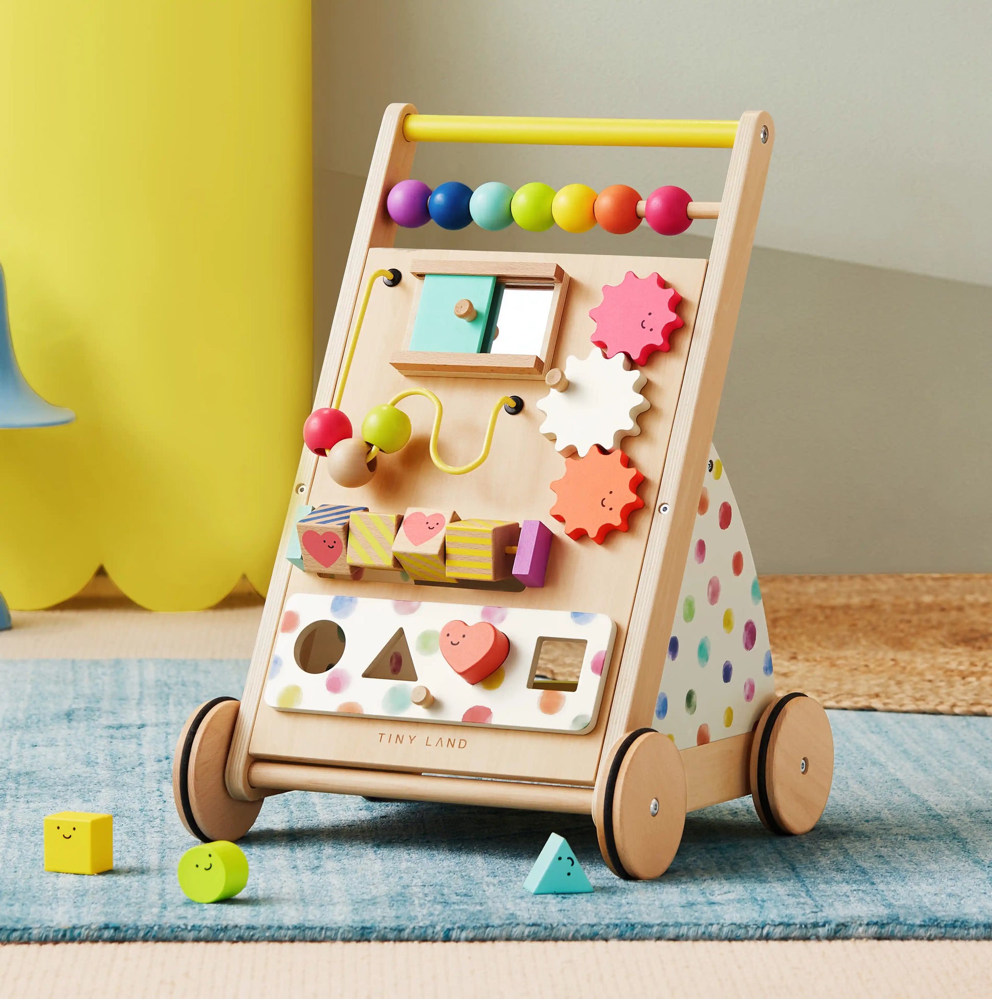 Tiny Land Premium Natural Wooden Baby Walker with rainbow bead bar and activity panel on Tampa Home & Garden Store